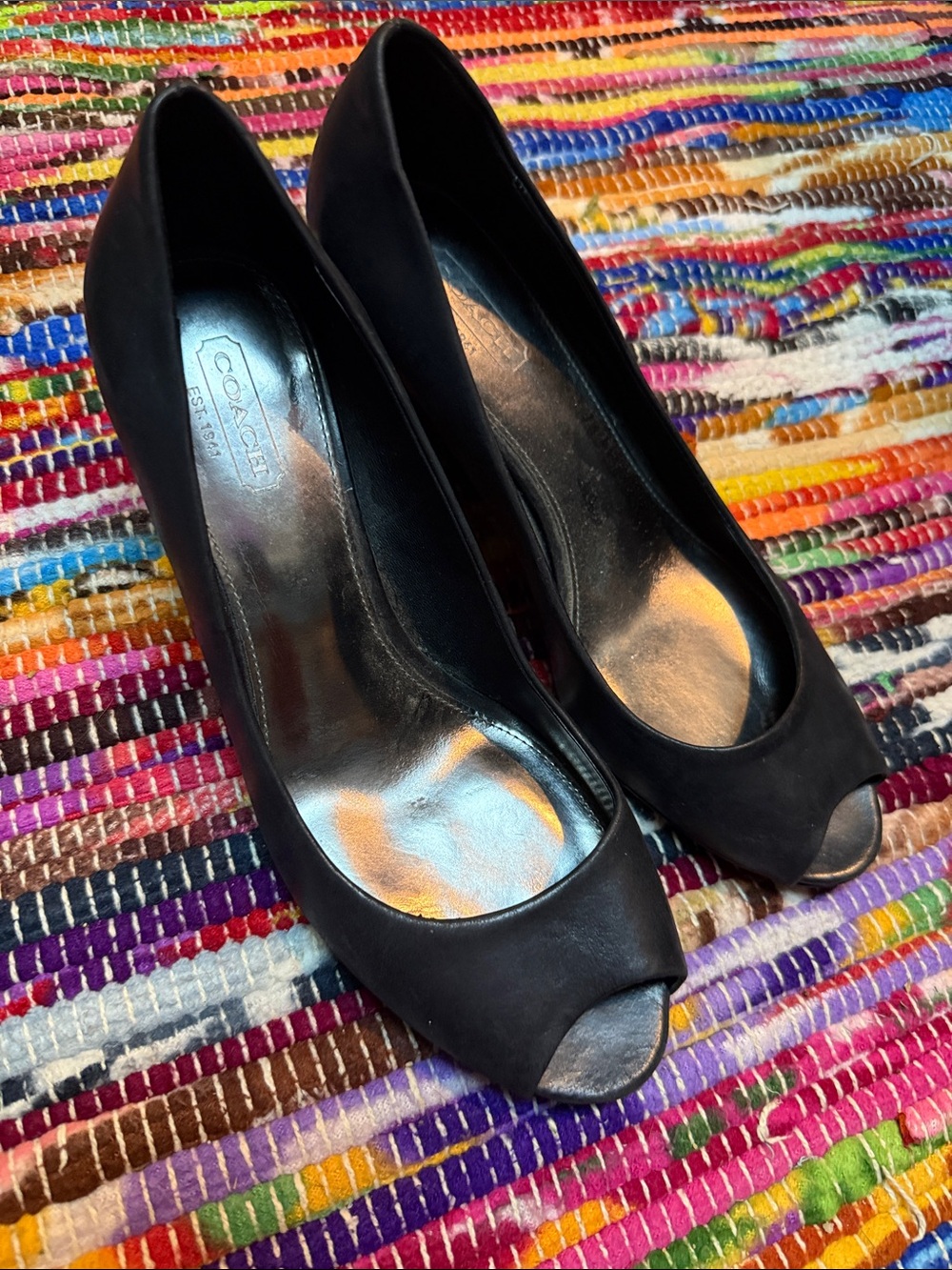 Coach Black Leather Peep-Toe Heels